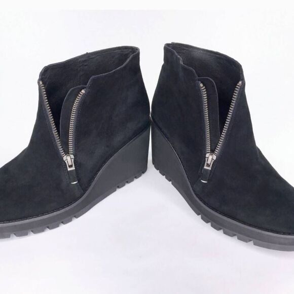 Eileen Fisher Alto Black Suede Wedge Ankle Boots Booties Platform Size 7 Zip - Picture 8 of 14